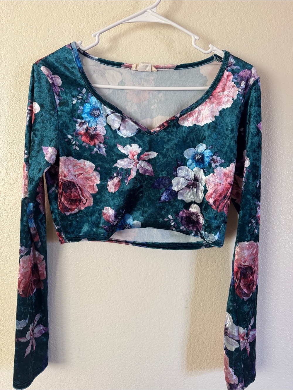 Floral Velvet V-Neck Crop Top - Teal Floral